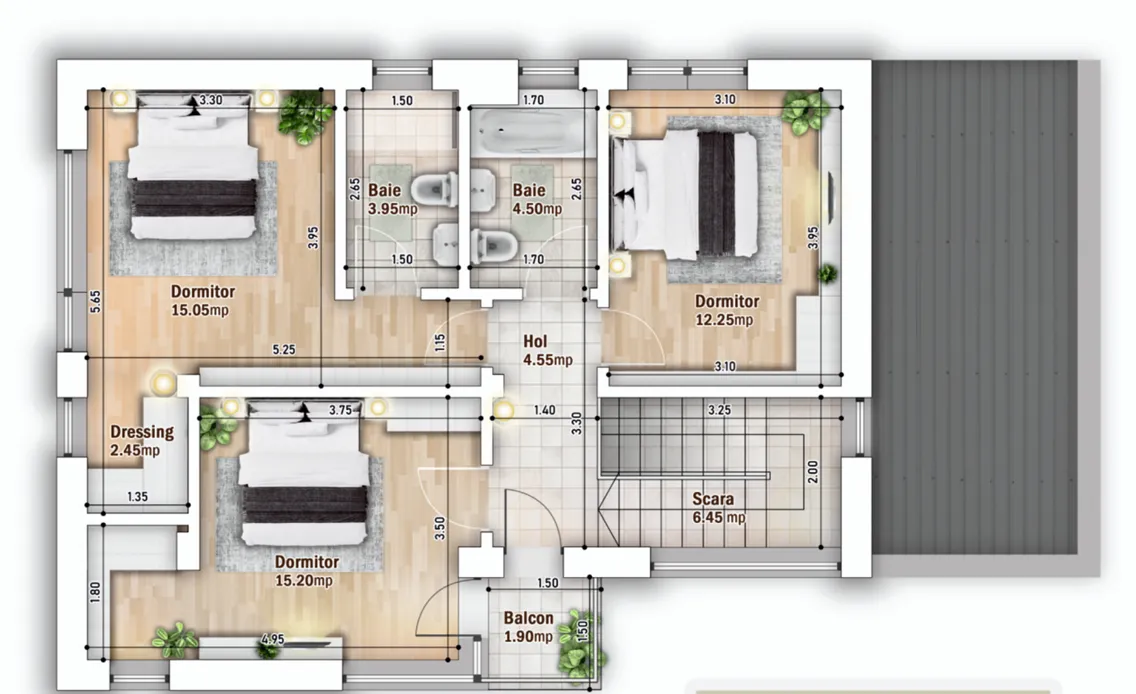 Planul etajului: dormitor matrimonial cu baie proprie, două dormitoare, baie secundară, dressing, hol și balcon