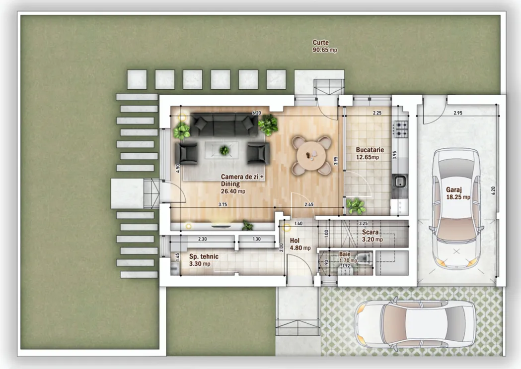 Planul parterului: living open-space cu dining, bucătărie închisă, baie de serviciu, spațiu tehnic, garaj integrat și curte de 90,65 mp